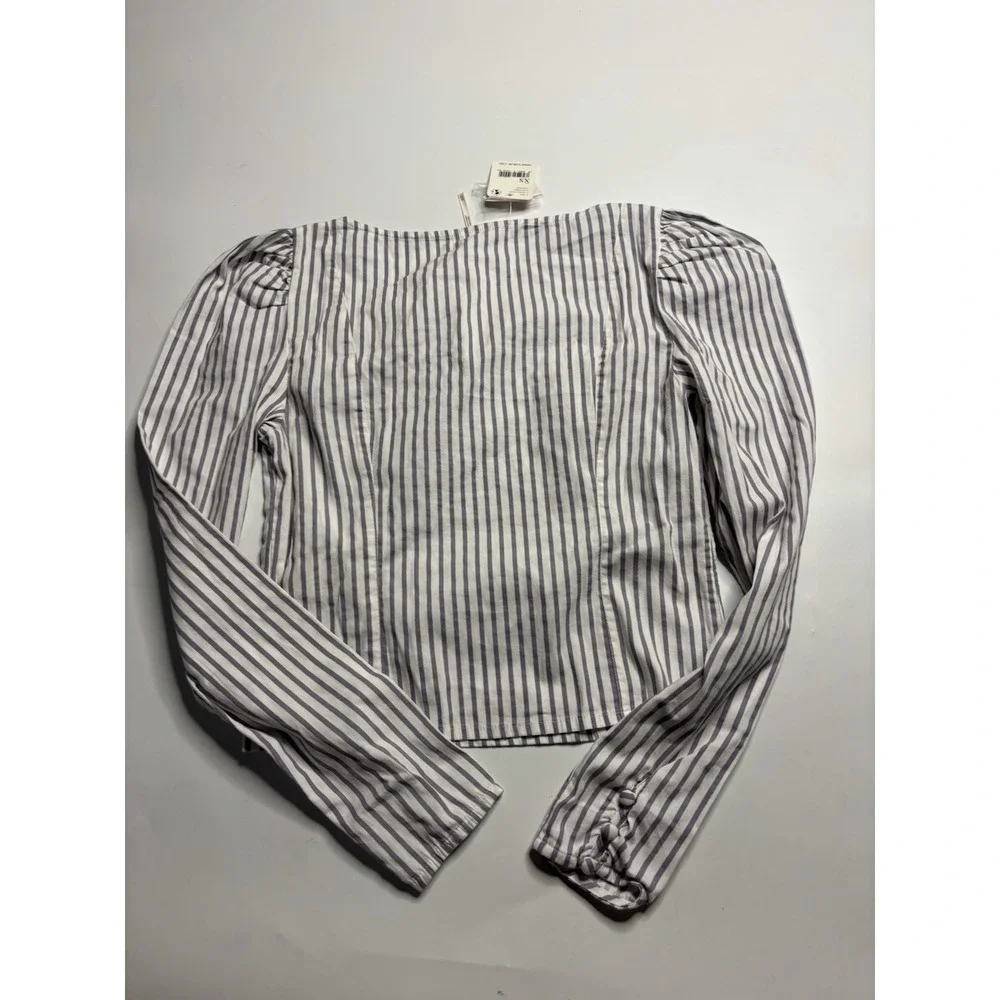 Free People Carolina Striped Square Neck Puff Sleeve Blouse Womens XS Preppy
